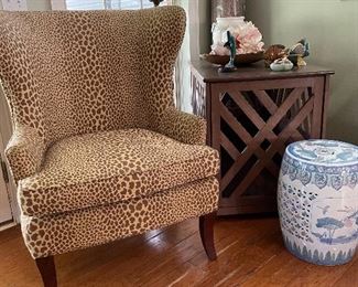 Leopard print chair, garden stool, & lattice pet crate