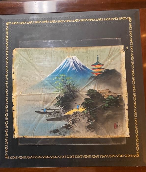 Painted on a very sheer piece of silk fabric. This original piece of artwork is amazing and is signed by the artist. Mount Fuji and a small village