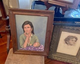 "outsider" painting reimagining iconic Margaret Bourke White photo, vintage baby photo