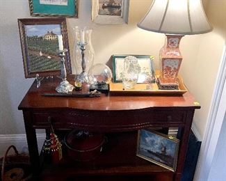 Labrano painting, sailboat oil on canvas, sterling candlestick, Renaissance print, small server table, + more 
