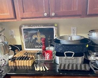 KitchenAid mixer, Henckle knives, quality pots and pans