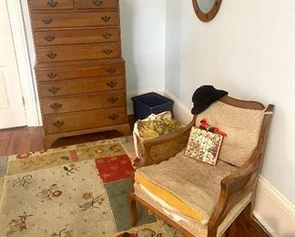 maple highboy dresser, caned chair