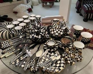 MacKenzie-Childs ceramics courtly check Mugs, Tea Pot, Cream and Sugar, and Serving Silverware