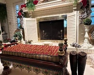 Mackenzie -Childs Vintage Rare Ridiculous Bench, Large Courtly Check Mirror over Fireplace, Vintage Horse from 1860