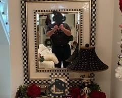 Mackenzie Childs Writing Desk, Ceramic candlestick lamp, Rare Courtley check Mirror 30"x36"