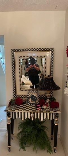 Mackenzie Childs Writing Desk, Ceramic candlestick lamp, Rare Courtley check Mirror 30"x36"