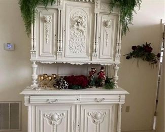 Hand Carved Cream-colored Hutch matches dinner Table and Chairs