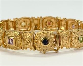 30 Grams Fine Vintage Gilt 925 Sterling Silver Etruscan Multi Gemstone 7in Bracelet