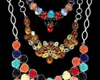 3 Fine Sterling Silver Gemstone Malachite Turquoise & Glass Flower Beaded Collar