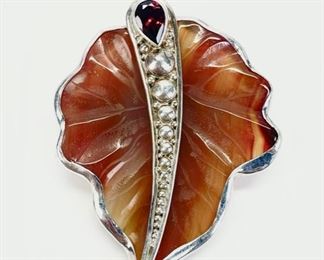 33 Grams Fine Sajen 925 Sterling Silver Gemstone Leaf W/ Ruby Colored Stone Pin 