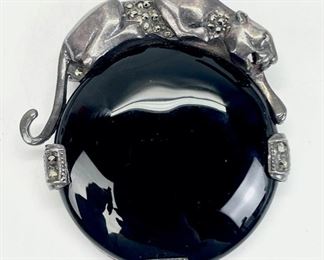 28 Grams Fine 925 Sterling Silver Art Deco Style Black Onyx & Marcasite Panther Pin Brooch