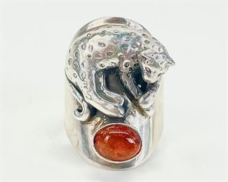 11 Grams Fine Sterling Silver Figural Cheetah & Amber Stone Ring