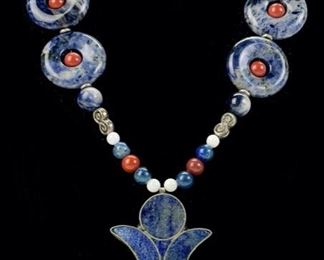 Fine Sterling Silver Lapiz Lazuli & Coral Stone Beaded Tribal 24in Pendant