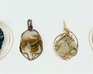 4 Gilt Silver & Copper Obsidian, Abalone, & Glass Stone MCM Necklace Pendants