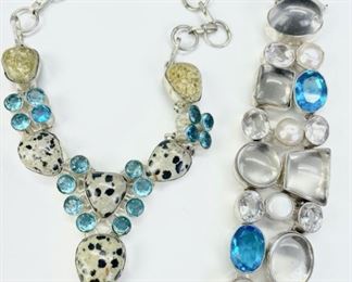 Fine Sterling Silver Glass, Pearl, & Gemstone Statement Piece 18in Necklace