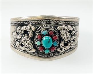 Fine Silver Indian Coral & Turquoise Cuff Bracelet 