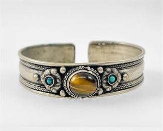 Fine Silver Indian Tiger Eye Turquoise Cuff Bracelet