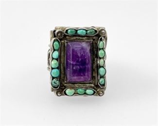 Fine Vintage Sterling Silver Mexican Amethyst Turquoise Ring 