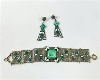 Fine Antique Green Painted Enamel 7" Bracelet Clipon Earring