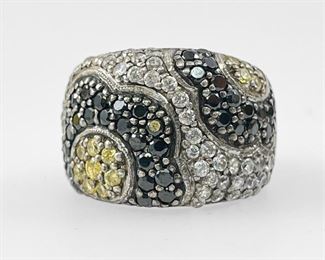 Fine Sterling Silver Green Black Pave Ladies Modernist Ring 