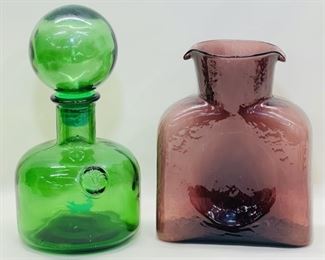 Vintage Blenko Glass Double Spout Bottle Amethyst Purple & Vintage Empoli Green Decanter 