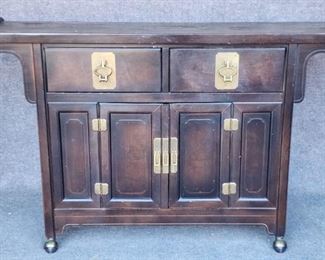 Vintage Asian Black Painted Buffet Credenza Altar Cabinet on Casters