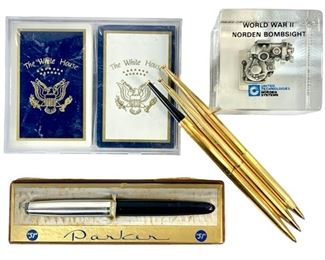 Nordon WWII Bombsight Acrylic Desktop Miniature, White House Playing Cards, and Parker Pens 