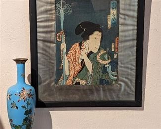 Utagawa Toyokuni 1785 - 1864 Japanese Woodcut                              Antique Cloisonné Vase