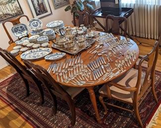 Hutschenreuther Germany Blue Onion Porcelain 80 pcs    
Teak Dining Room Table and 6 Chairs

SOLD:  19th Cent Kentshire England Tea Set 5 pieces                                                                                                         S. Kirk &Son Sterling Silver Repoussé Bridal Bouquet 120 pcs                                                                                                    
