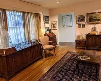 Persian rugs, runner, area rugs, American Brilliant Period Cut Glass, stained glass window panel, floor and table lamps throughout the house