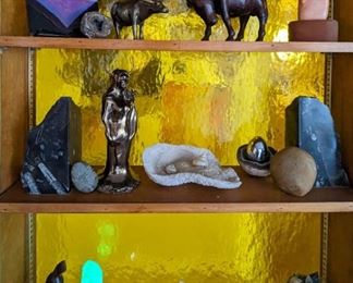 Victor Vigil Bear carving, bronze bull, crystals, rocks, minerals