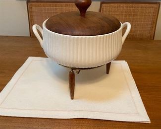 Mid Century White Ribbed Chafing Dish with Teak Wood; Ernest Sohn Creations