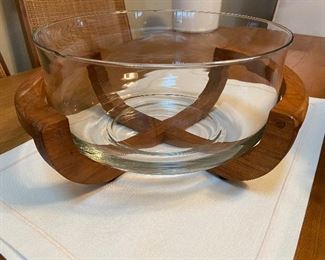Mid Century Glass Salad Bowl with Teak Wood Cradle Stand by Gailstyn-Sutton 