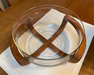 Mid Century Glass Salad Bowl with Teak Wood Cradle Stand by Gailstyn-Sutton 