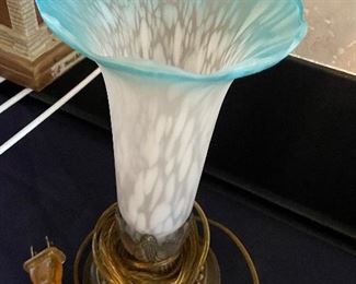 Vintage Tulip Lily Frosted Glass Lamp Turquoise & white Ombre 