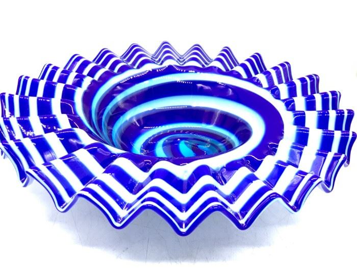 Hand Blown Spiral Cobalt Handkerchief Glass Bowl
