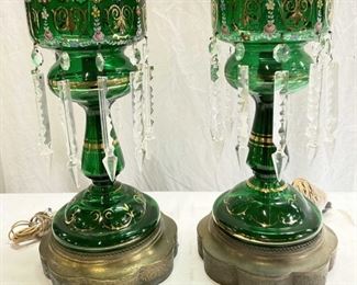 Green Victorian Hand Painted Luster Lamps
