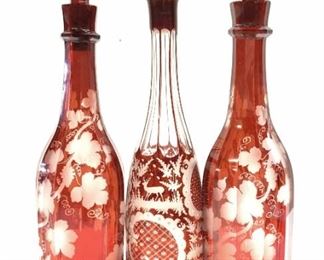 Boehm Ruby Red Etched Glass Decanters, 3
