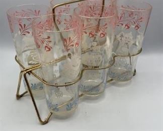 Set of 6 Vintage Highball Glasses in Drink Caddy