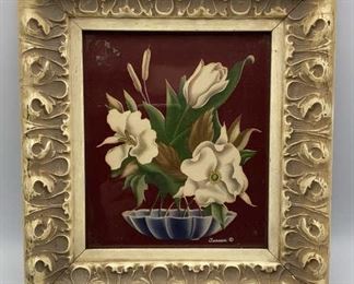 Vintage Floral Painting In Ornate Frame