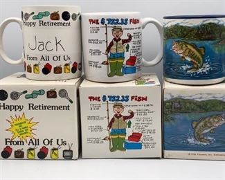 Lot of Coffee Mugs In Boxes, Retirement, Fishing