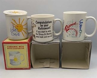 Lot of Coffee Mugs In Boxes, Retirement, Dad