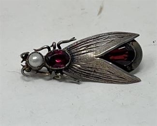Sterling Ruby & Pearl Bug Brooch Bee Beetle