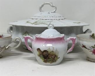 Fern Motif Tureen & Lion Sugar Bowl Porcelain