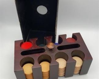 Vintage Poker Chips in Wooden Holder w Cover