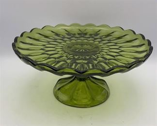 Vintage Green Glass Pedestal Cake Plate, 10” D
