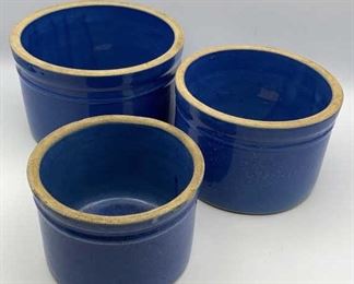 Lot of 3 Graduated Blue Stoneware Crocks