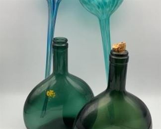 Glass Watering Bulbs, Two Green Wine Bottles