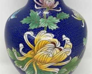 6” Cloisonné Vase Blue Chrysanthemums
