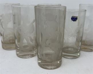 1940s Etched Glass Flamenco Highball Glasses